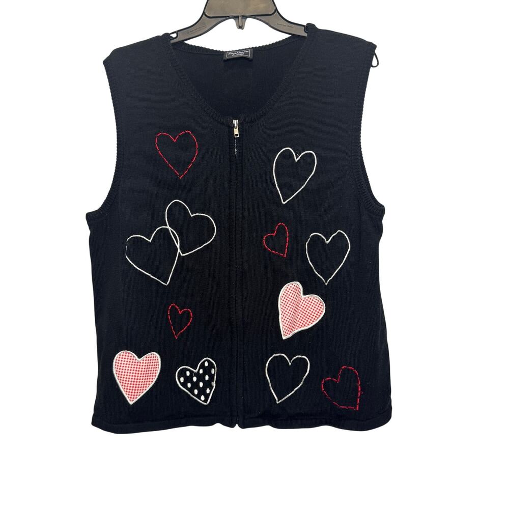 Southern Lady black full-zip knit vest with Valentine hearts -‎ L/XL
